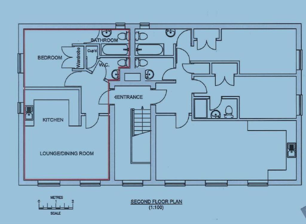 Lot: 58 - ENTIRE FREEHOLD BUILDING OF SIX FLATS, ALL LET ON ASSURED SHORTHOLD TENANCIES - Second floor plan with 1 bed edged in red